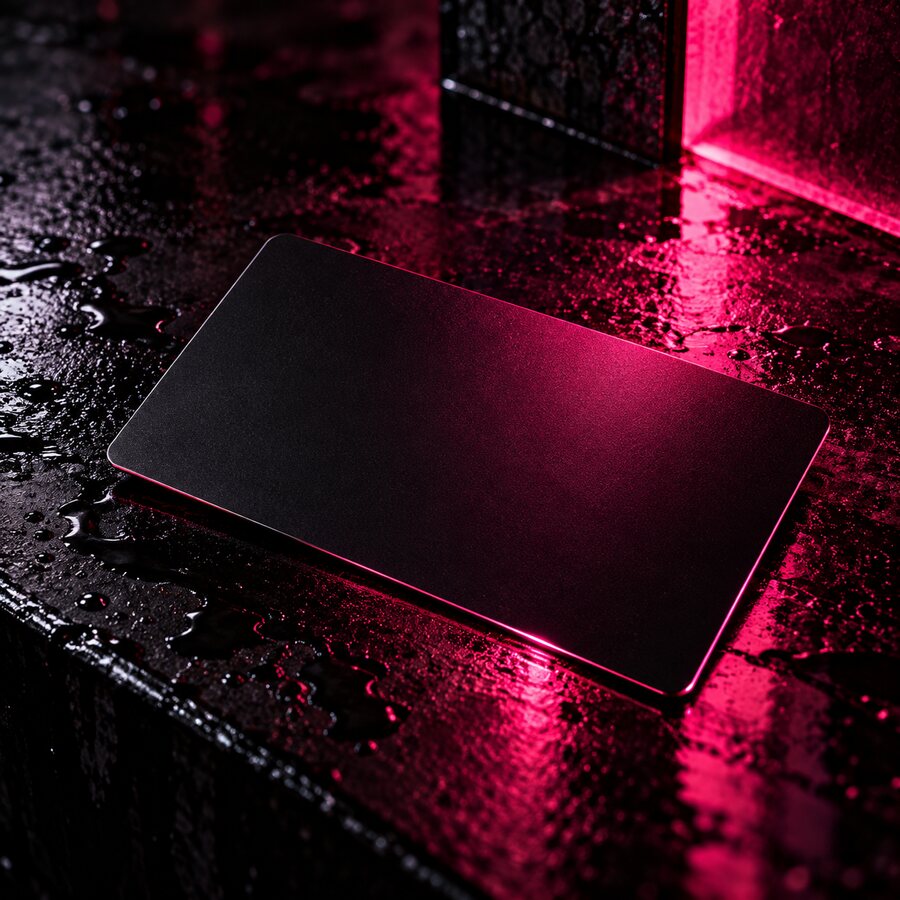A blank black card lying on wet ground, edge-lit in pink